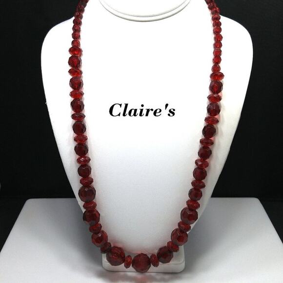Claire's Red Beaded Necklace, 27 Inches, Largest Bead 16mm, Acrylic Red Beads - Picture 1 of 7
